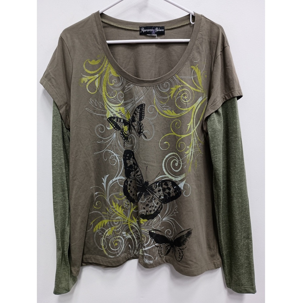 Y2K Appropriate Behavior Graphic Top Womens L Green Butterfly Layered Lookairy